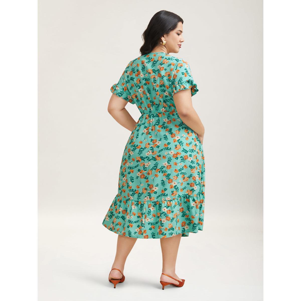 Plus Size Floral Print Ruffled Pockets Midi Dress Turquoise Women Elegant Texture Round Neck Short sleeve Curvy BloomChic 10/M Product Image