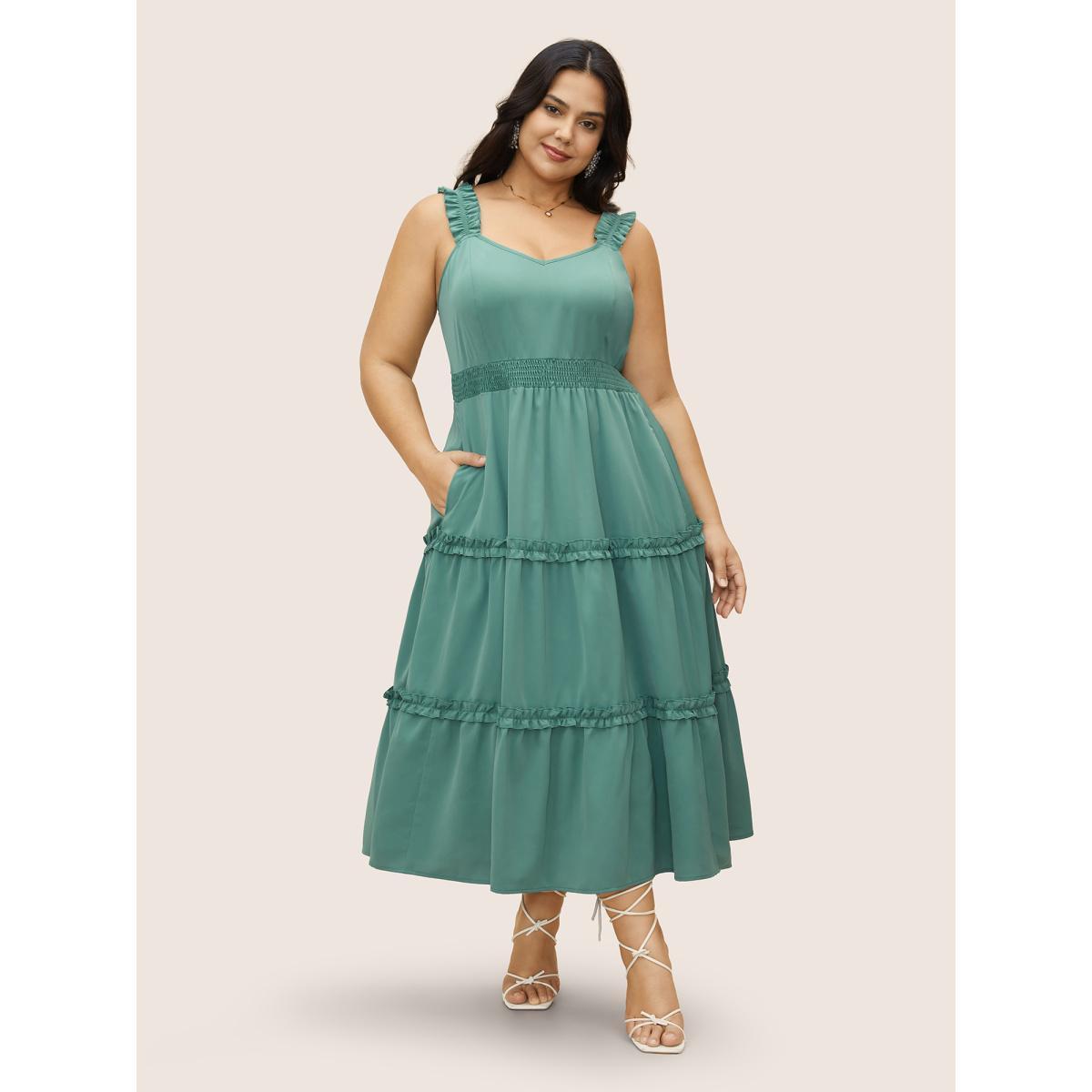 Plus Size Solid Ruffles Shirred Frill Trim Dress Mint Women Elegant Frill Trim V-neck Sleeveless Curvy BloomChic 30/6X Product Image