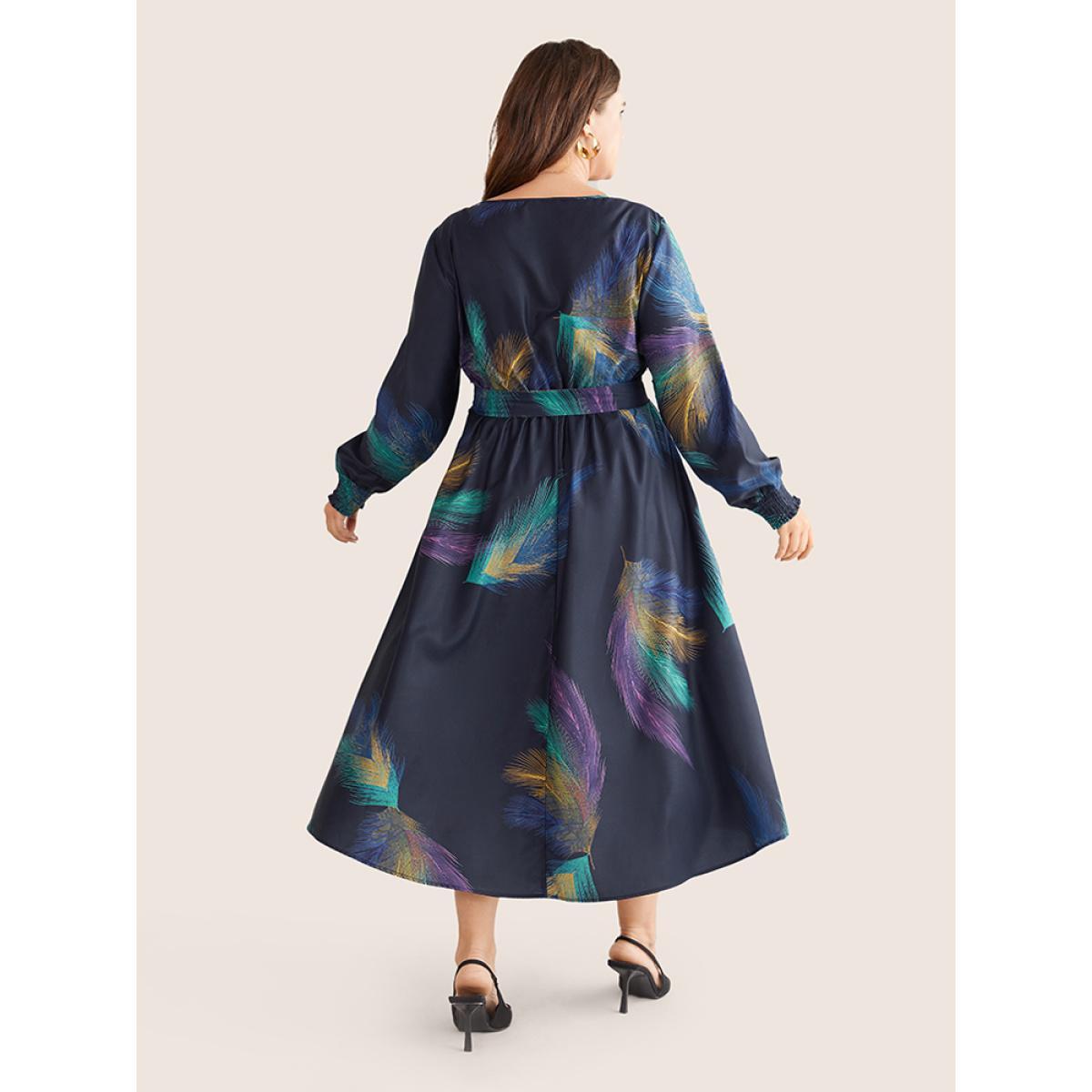 Plus Size Colored Feather Belted Shirred Cuffs Dress DarkBlue Women Elegant Belted Round Neck Long Sleeve Curvy Midi Dress BloomChic 26/4X Product Image