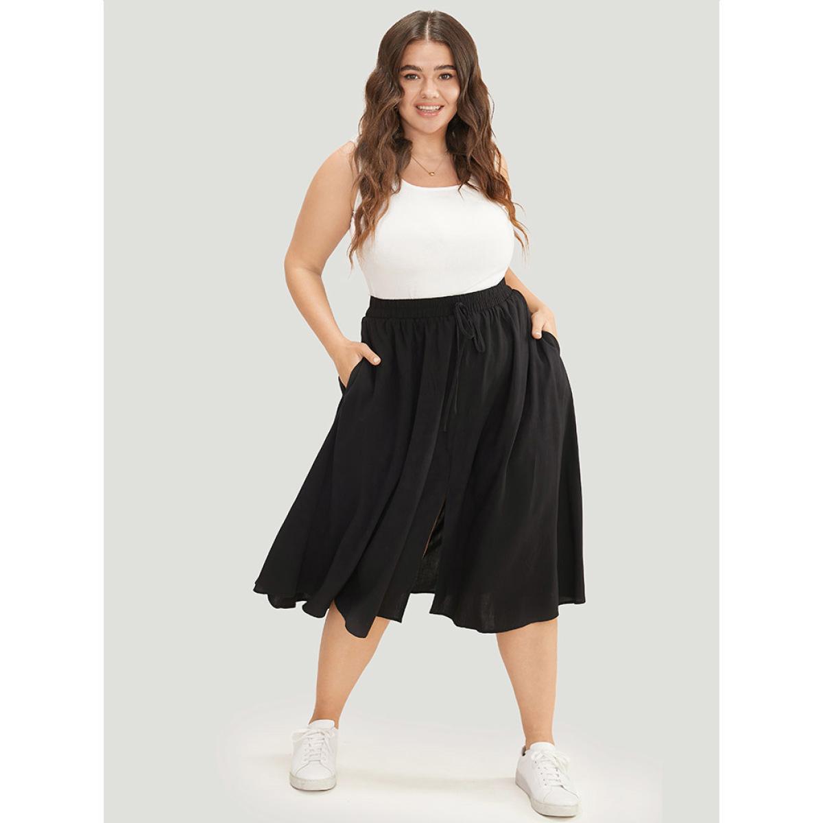 Plus Size Solid Pocket Knot Elastic Waist Split Hem Skirt Women Black Casual Knotted Loose No stretch Pocket Dailywear Skirts BloomChic 26/4X Product Image