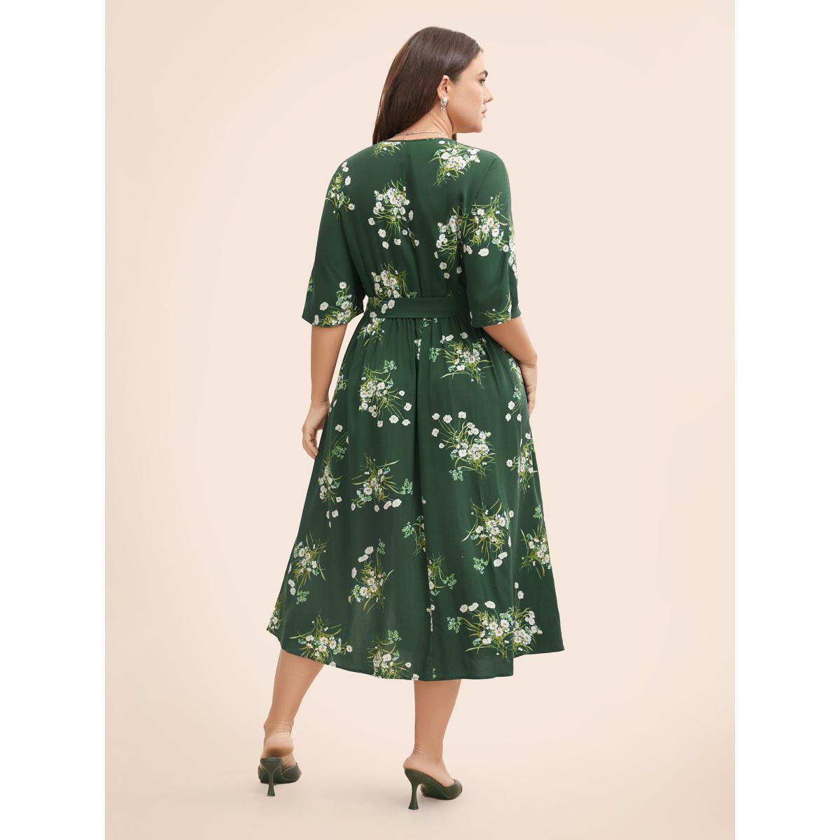 Plus Size Floral Overlap Collar Split Hem Dress Emerald Women Elegant Belted Overlap Collar Half Sleeve Curvy BloomChic 26/4X Product Image