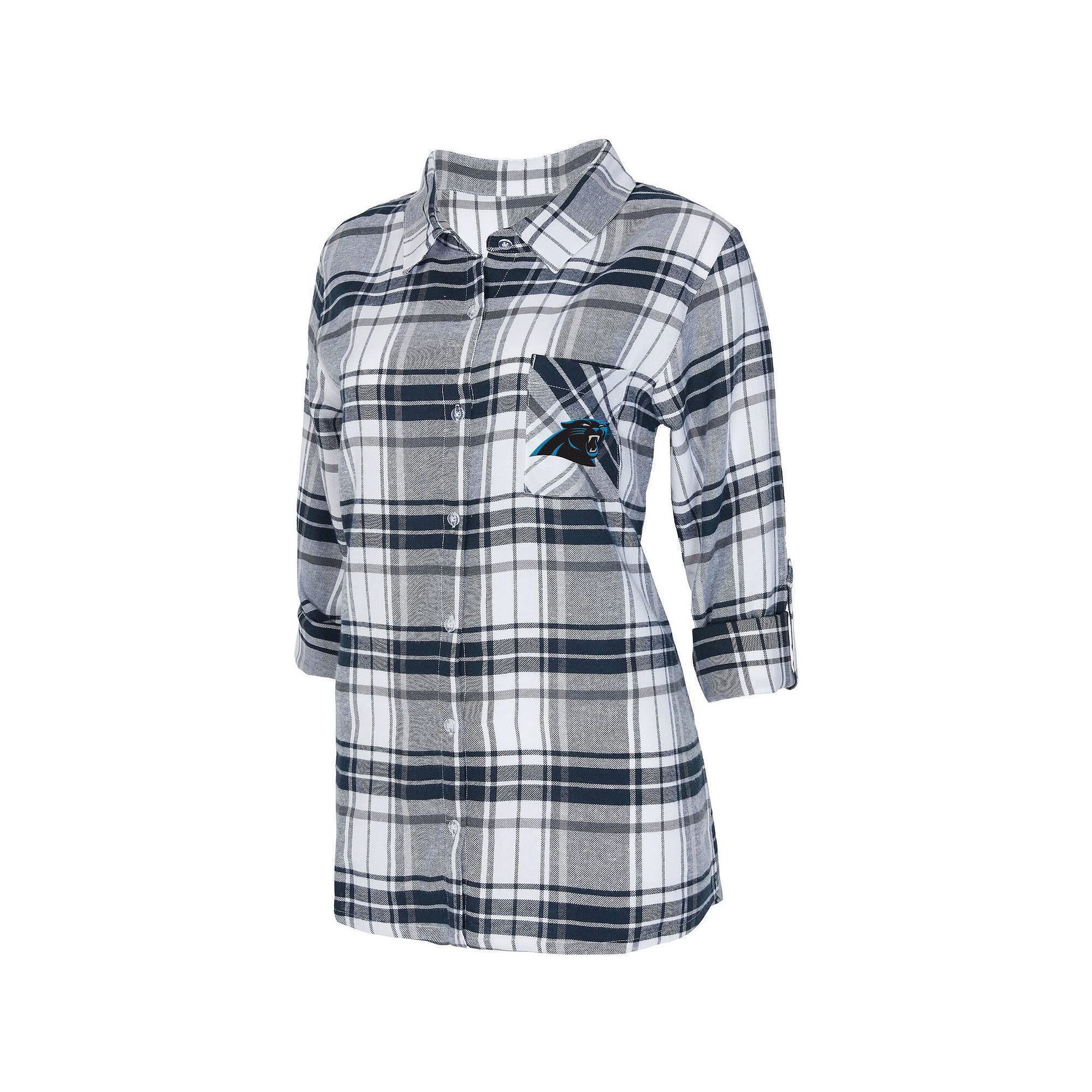 Women's Concepts Sport Charcoal/Gray Carolina Panthers Accolade Flannel Long Sleeve Button-Up Nightshirt, Size: Small Product Image