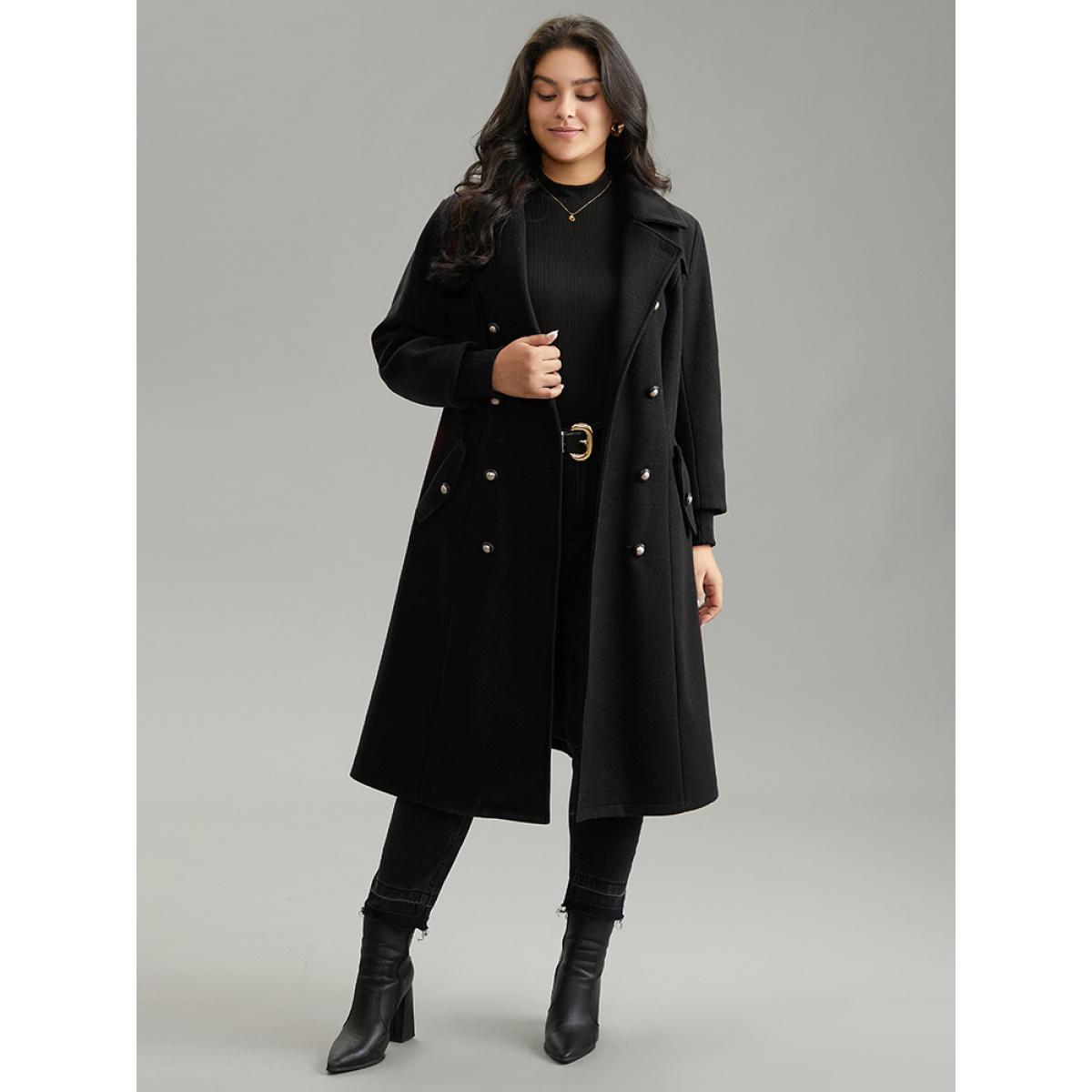 Plus Size Plain Lapel Collar Double Breasted Coat Women Black Casual Lined Ladies Dailywear Winter Coats BloomChic 12/L Product Image