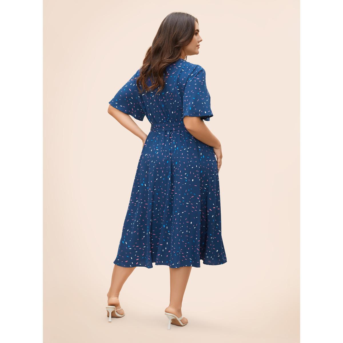 Plus Size Split Neck Confetti Print Midi Dress DarkBlue Women Elegant Belted Notched collar Short sleeve Curvy BloomChic 26/4X Product Image