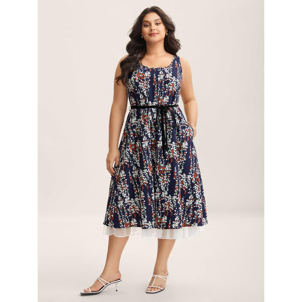 Plus Size Ditsy Floral Print Lace Hem Midi Dress Indigo Women Square Neck Sleeveless Curvy BloomChic 28/5X Product Image