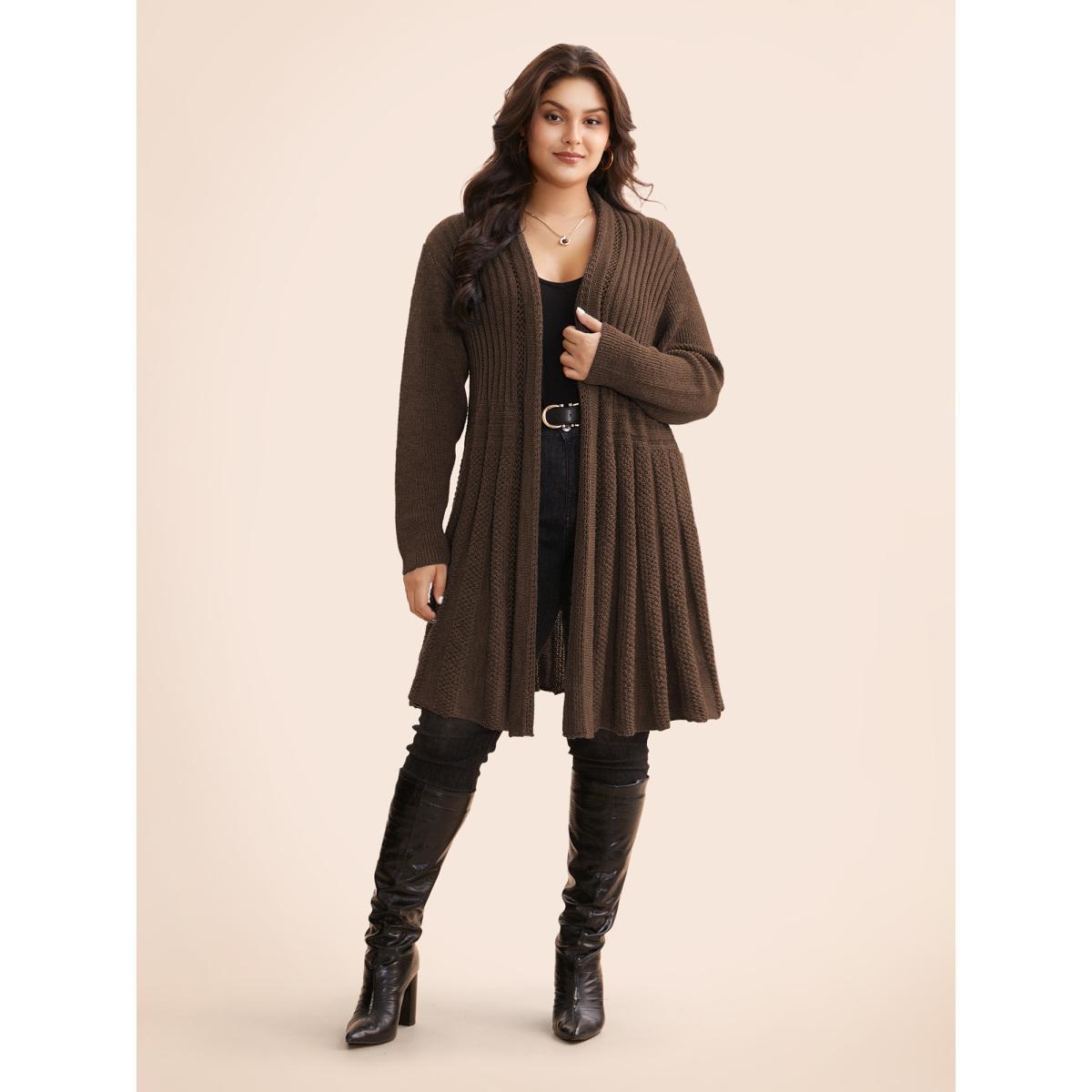 Plus Size Plain Textured Kimono Collar Cardigan Browncoffeecolor Women Casual Loose Long Sleeve Everyday Cardigans BloomChic 22-24/3X Product Image