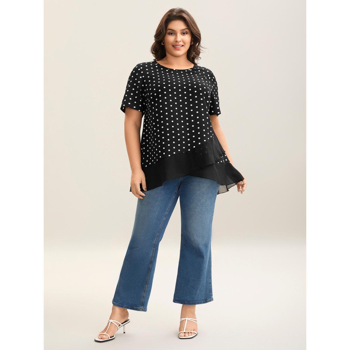Plus Size Black Polka Dots Spliced Ruffled Hem Shirt Women Short sleeve Round Neck Everyday-Elegant Blouses BloomChic 22-24/3X Product Image