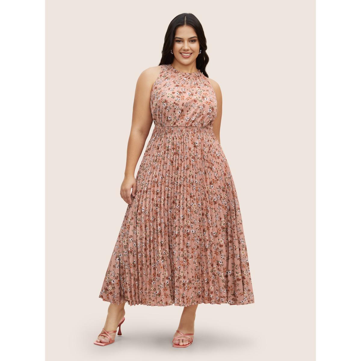 Plus Size Ditsy Floral Pleated Frill Trim Sleeveless Dress Crepe Women Elegant Frill Trim Mock Neck Sleeveless Curvy BloomChic 28/5X Product Image