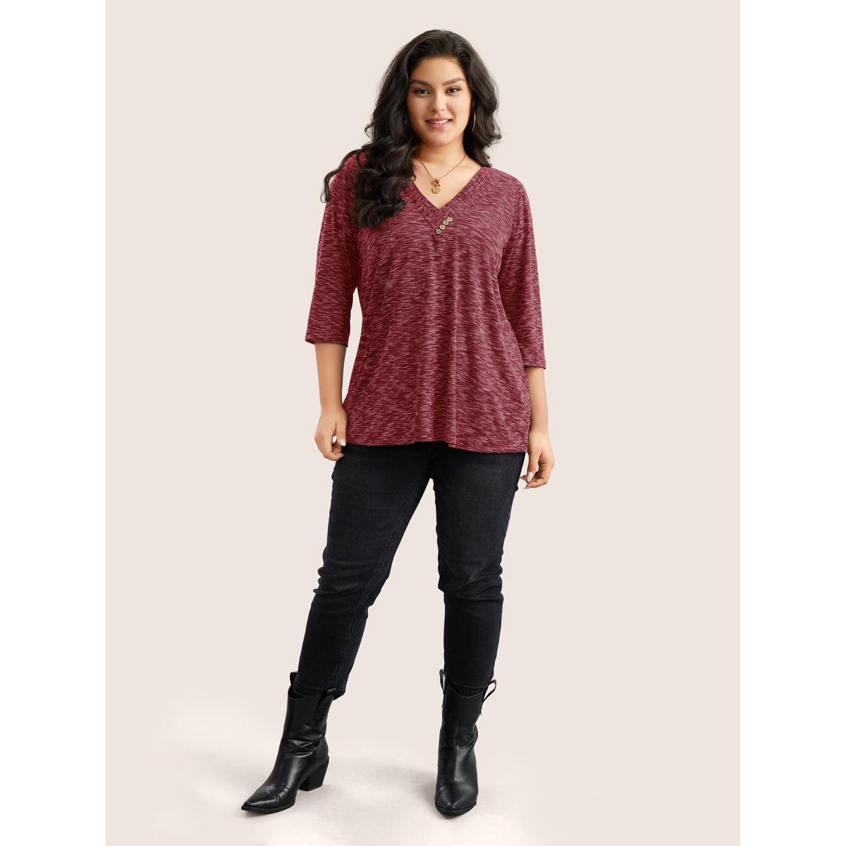 Plus Size Heather Pleated Button Detail T-shirt Raspberry Women Casual Pleated Plain V-neck Everyday T-shirts BloomChic 18-20/2X Product Image