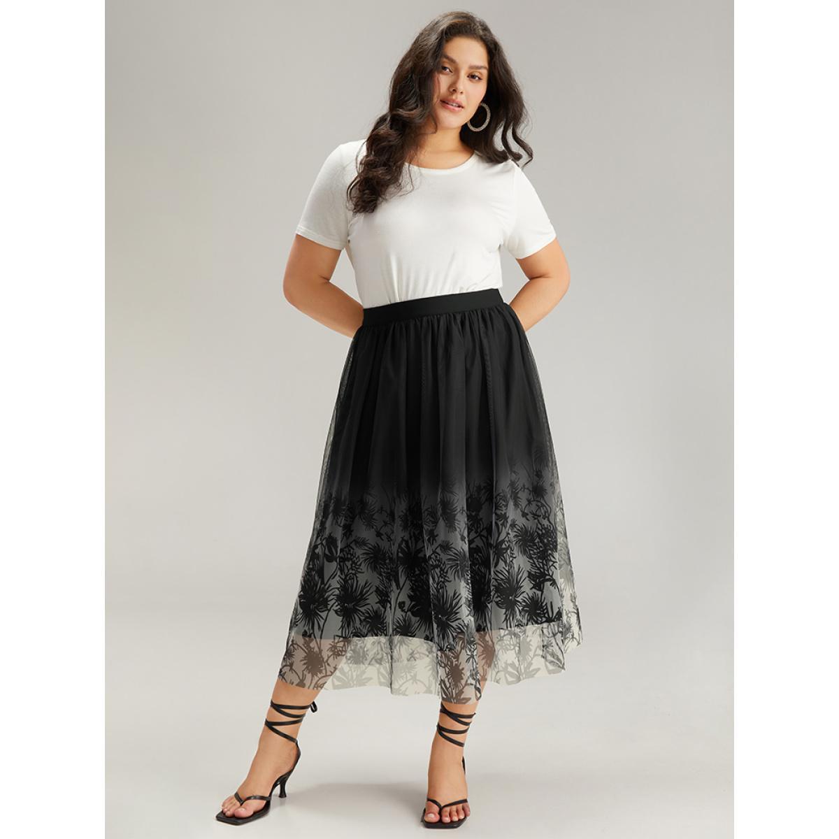 Plus Size Silhouette Floral Print Ombre Mesh Skirt Women Black Glamour Lined No stretch Going out Skirts BloomChic 14-16/1X Product Image