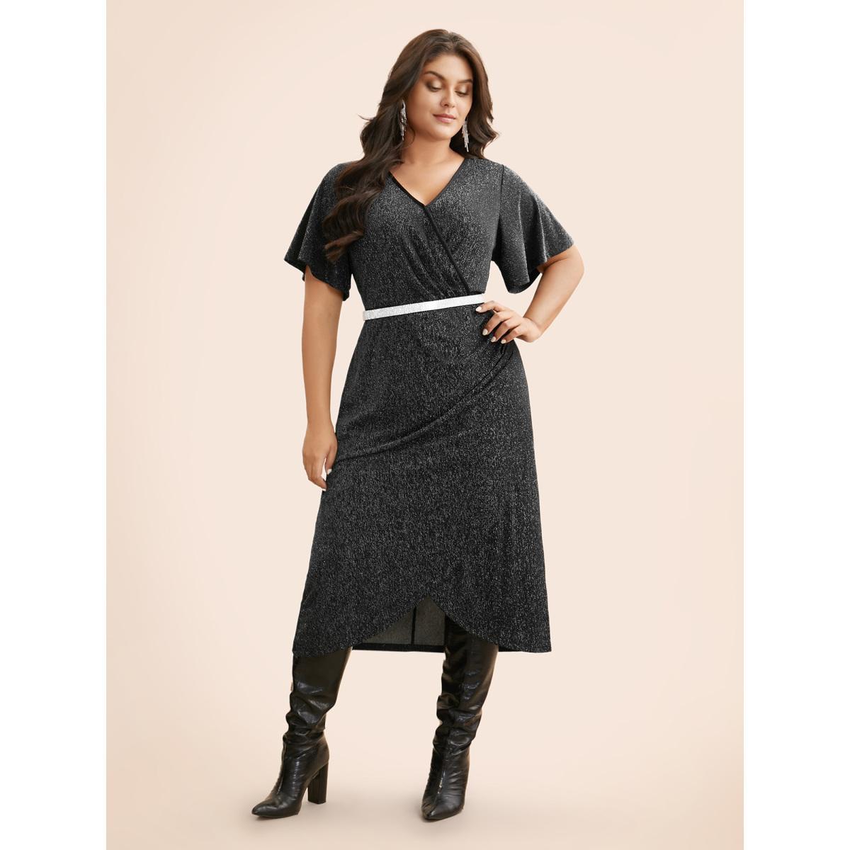 Plus Size Luxe Overlap Collar Ruffle Sleeve Dress Pureblack Women Cocktail Overlapping Party Curvy Bloomchic 30/6X Product Image
