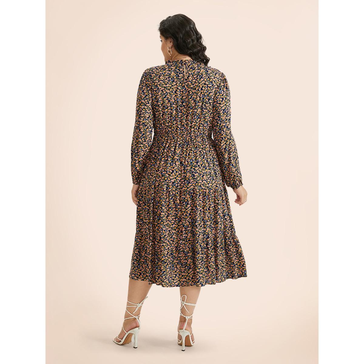 Plus Size Ditsy Floral Shirred Pocket Pleated Frill Trim Dress Indigo Women Elegant Elastic cuffs Round Neck Long Sleeve Curvy Midi Dress BloomChic 26/4X Product Image