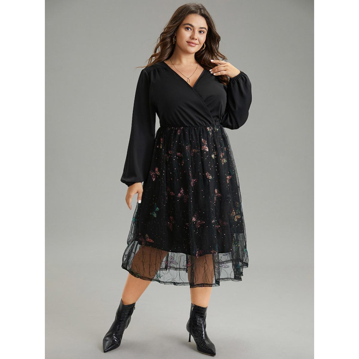 Plus Size Butterfly Patchwork Lace Mesh Wrap Sequin Dress Black Women Elegant Sequin Overlap Collar Long Sleeve Curvy Midi Dress BloomChic 10/M Product Image