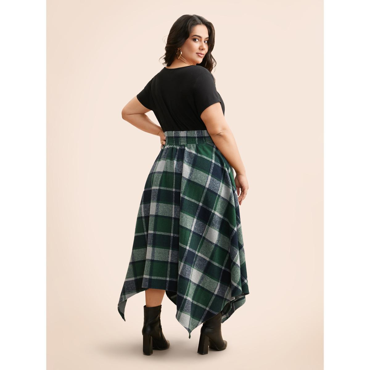Plus Size Elastic Plaid Asymmetrical Hem Dress Emerald Women Cocktail Wraparound straps Party Curvy Bloomchic 12/L Product Image