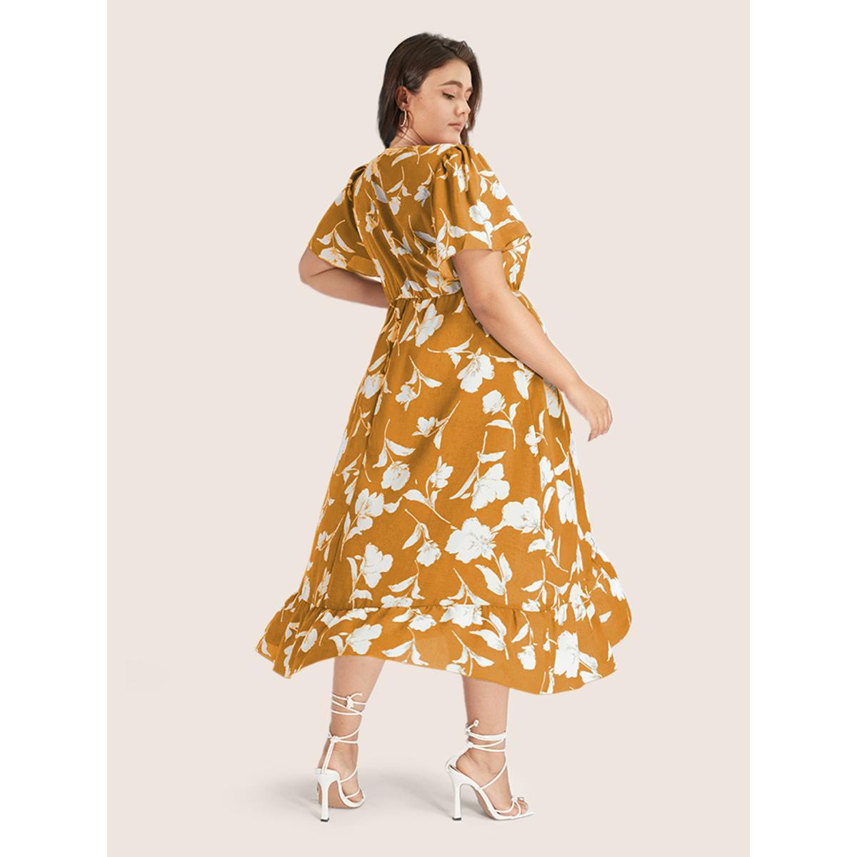 Plus Size Floral Ruffle Knot Side Wrap Dress Yellow Women Elegant Ruffles V-neck Short sleeve Curvy Midi Dress BloomChic 30/6X Product Image
