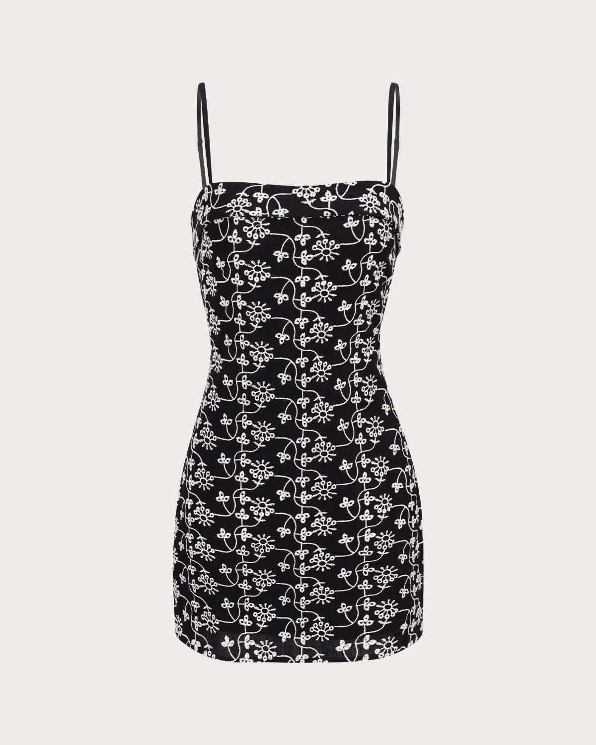 The Black Floral Embroidery Cotton Slip Mini Dress Product Image