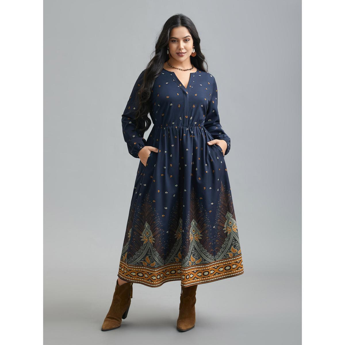 Plus Size Notched Collar Boho Print Contrast Dress Navy Women Resort Non Flat collar with V-notch Long Sleeve Curvy BloomChic 12/L Product Image