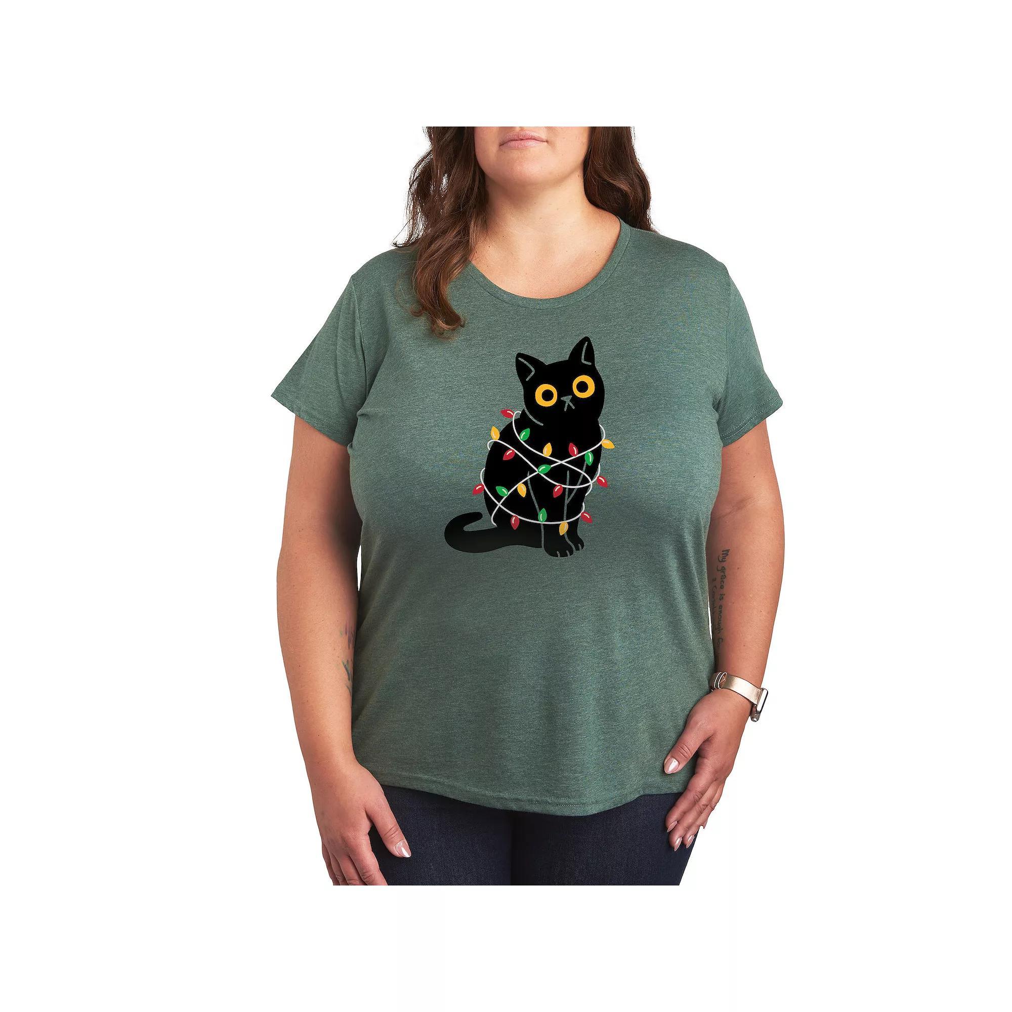 Plus Cat Wrapped In Christmas Lights Graphic Tee, Women's, Size: 1XL, Green Product Image