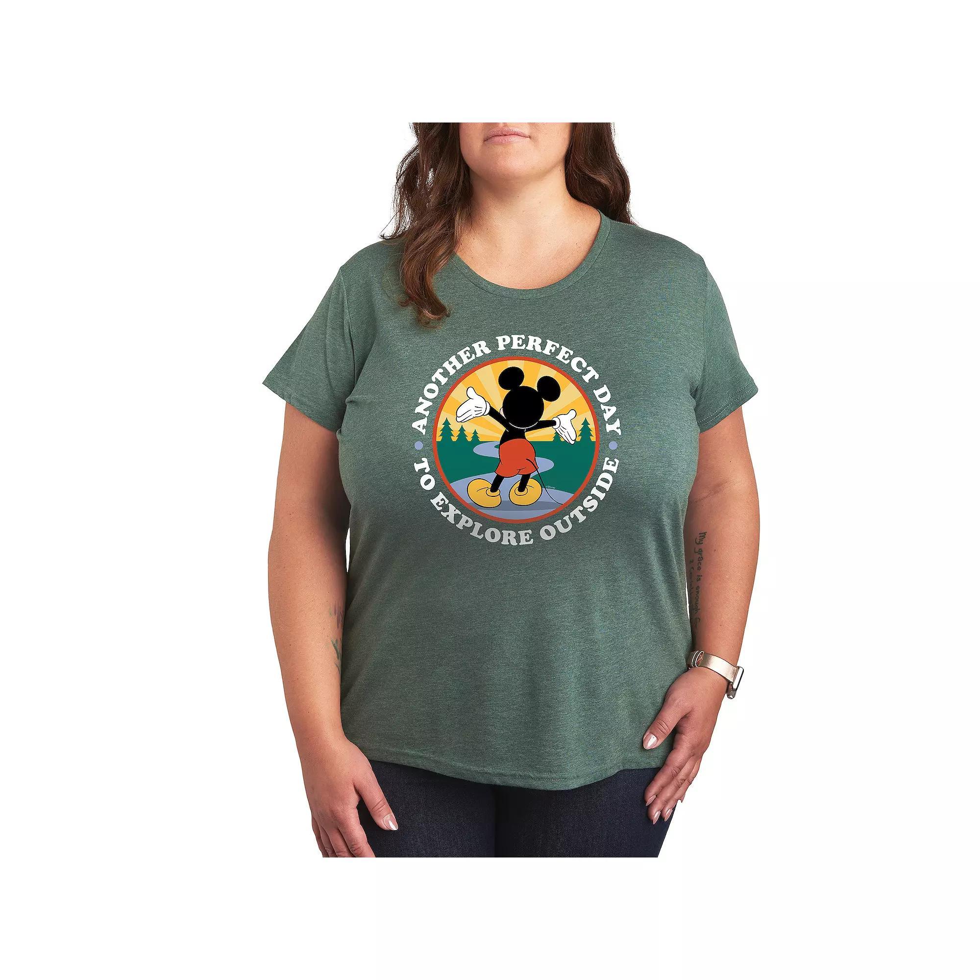 Disneys Mickey Mouse Plus Explore Outside Graphic Tee, Womens Grey Green Product Image