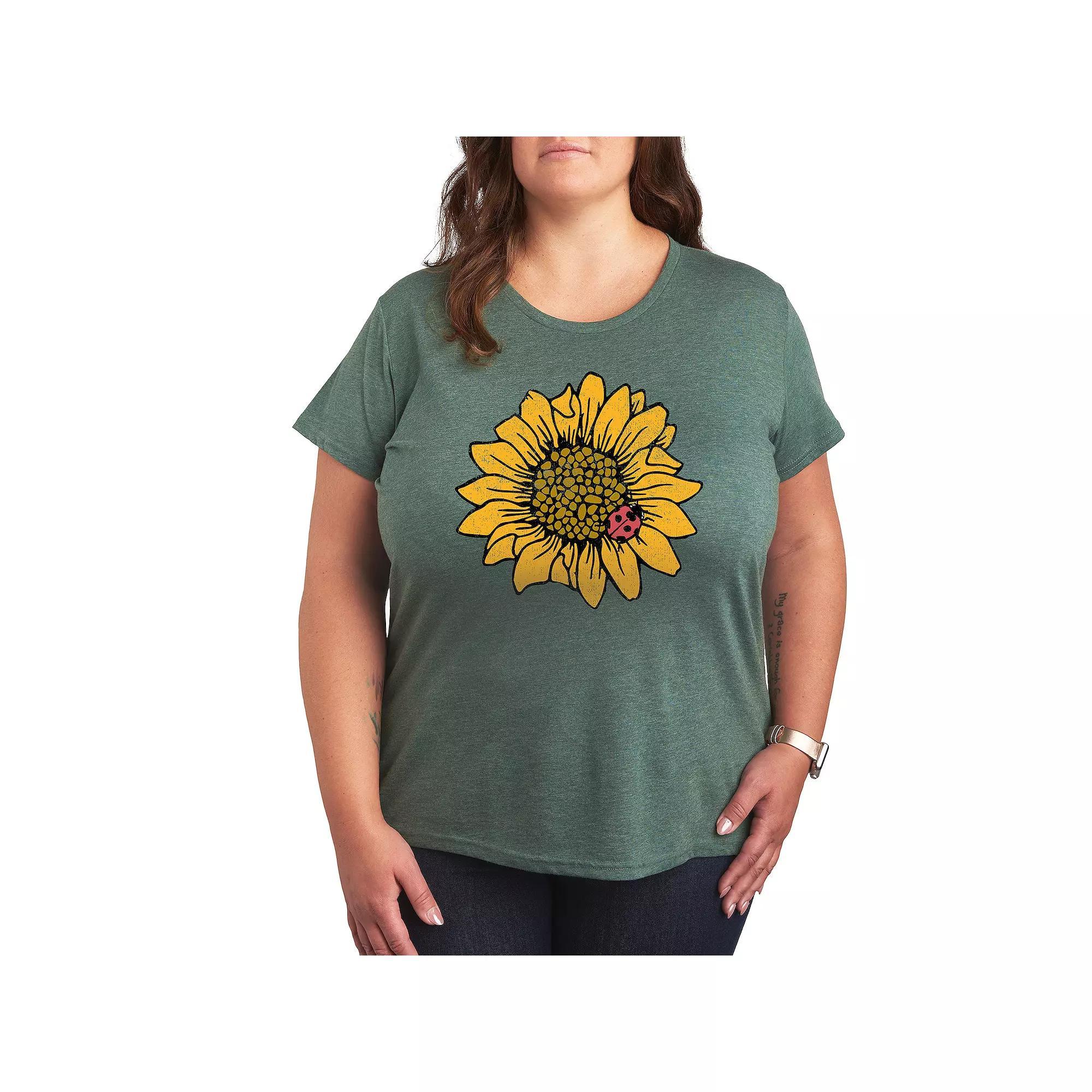 Plus Sunflower Ladybug Graphic Tee, Womens Grey Green Product Image