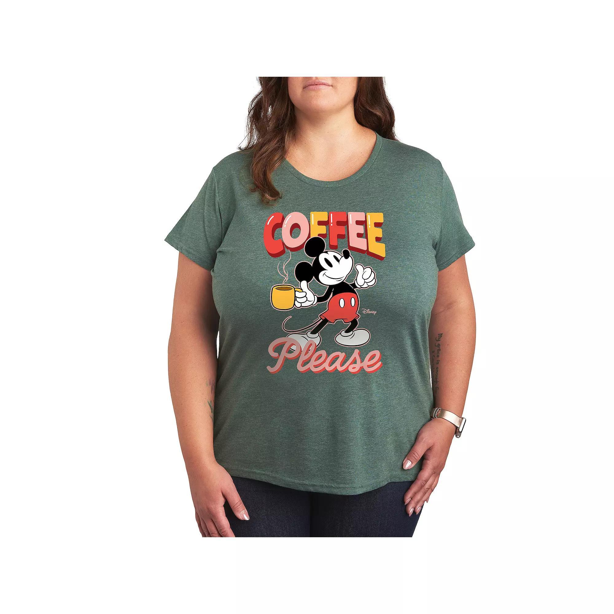 Disneys Mickey Mouse Plus Coffee Please Graphic Tee, Womens Grey Green Product Image
