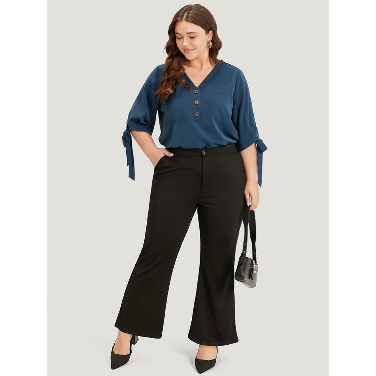 Plus Size Indigo Anti-Wrinkle Plain Button Up Knot V Neck Pocket Blouse Women Office Half Sleeve V-neck Dailywear Blouses BloomChic 26/4X Product Image