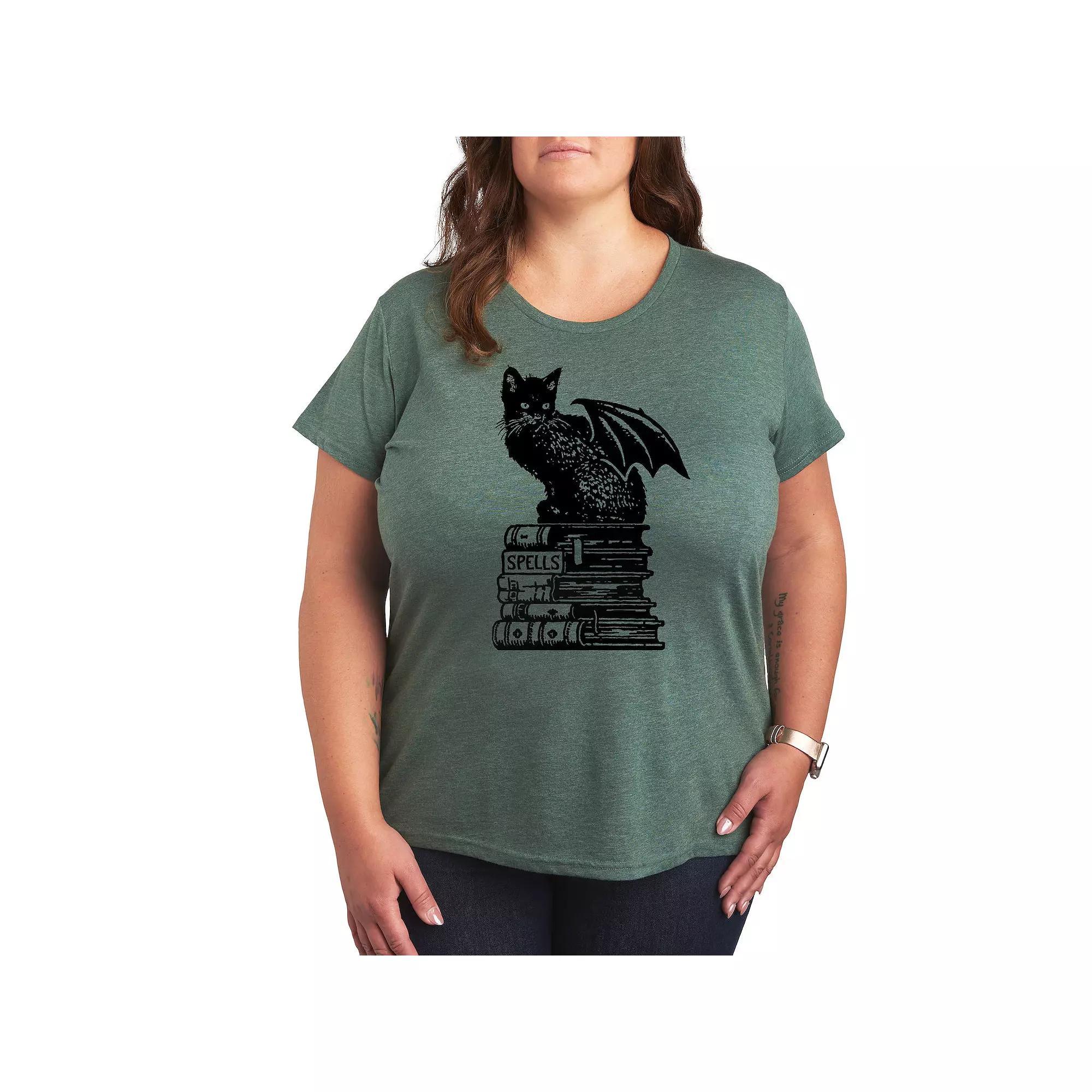Plus Size Spells Cat Graphic Tee, Womens Grey Green Product Image