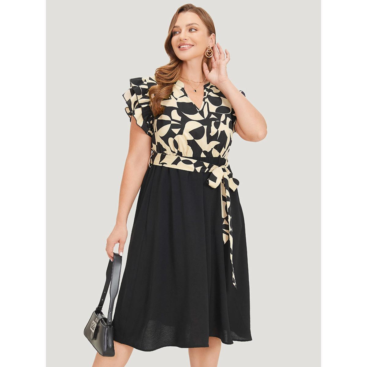 Plus Size Geometric Pocket Belted Ruffle Sleeve Notched Dress Tan Women Office Plain Notched collar Cap Sleeve Curvy Midi Dress BloomChic 22-24/3X Product Image