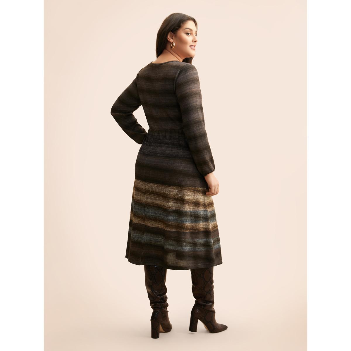 Plus Size Ombre Contrast Lantern Sleeve Midi Dress DarkBrown Women Casual Texture Round Neck Long Sleeve Curvy BloomChic 22-24/3X Product Image