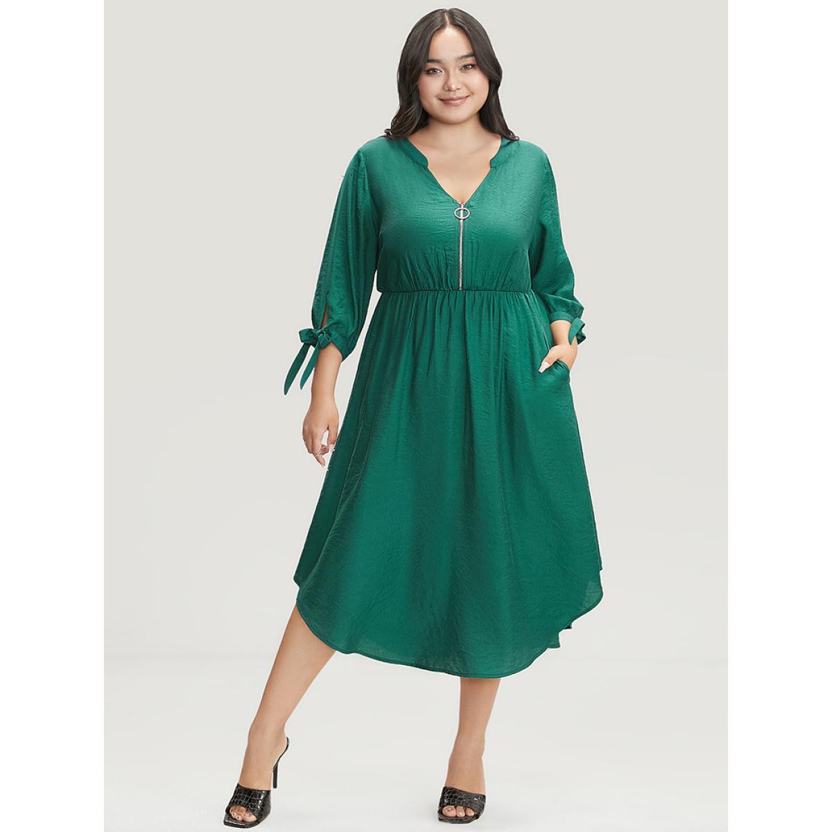 Plus Size Solid Pocket Knot Sleeve Half Zipper Arc Hem Dress DarkGreen Women Office Cross straps V-neck Elbow-length sleeve Curvy Midi Dress BloomChic 30/6X Product Image