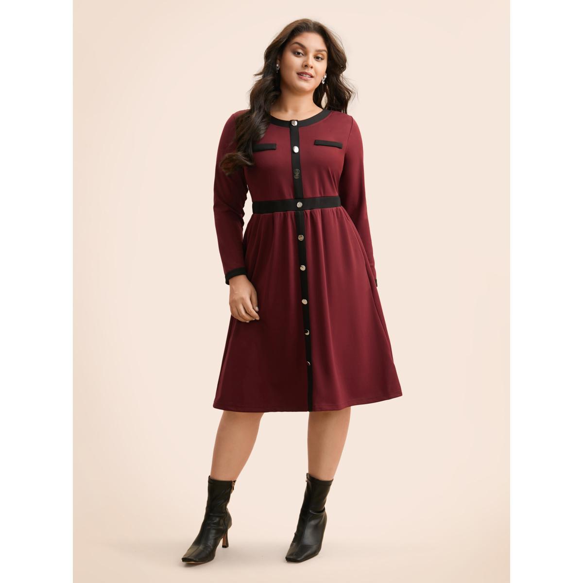Plus Size Contrast Patchwork Metal Detail Dress Burgundy Women Elegant Contrast Round Neck Long Sleeve Curvy BloomChic 26/4X Product Image