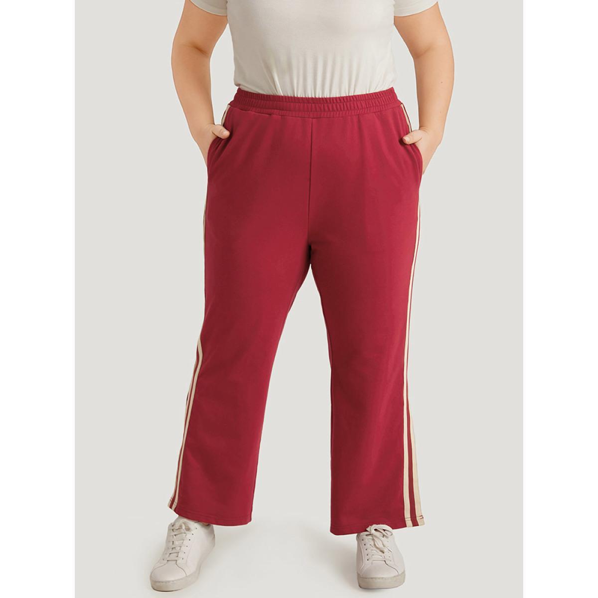 Two Tone Pocket Split Side Elastic Waist Sweatpants Scarlet Plus Size Women Casual Dailywear Contrast 14-16/1X Bloomchic Product Image