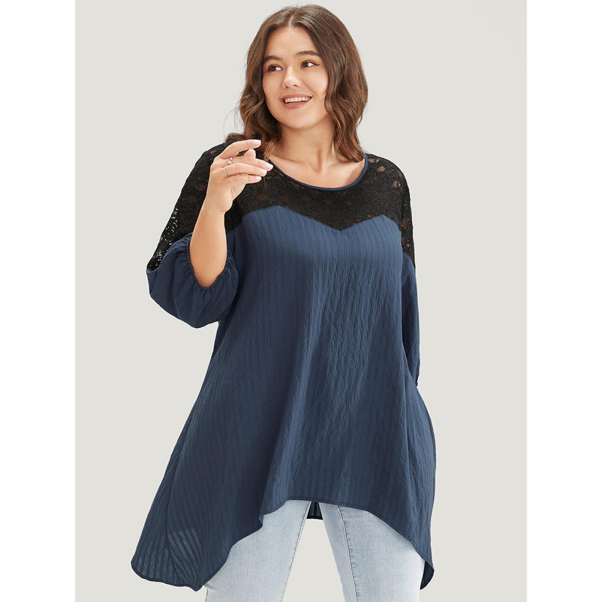 Plus Size Indigo Plain Contrast Lace Asymmetrical Lantern Sleeve Blouse Women Elegant Elbow-length sleeve V-neck Dailywear Blouses BloomChic 10/M Product Image