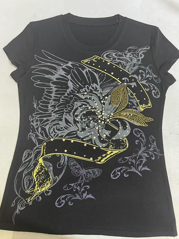 Vintage Printed Rhinestone Short Sleeve Tee Product Image