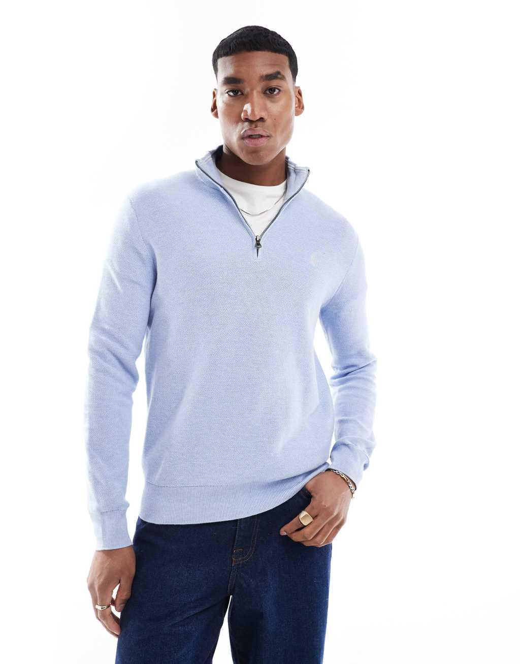 Polo Ralph Lauren icon logo textured cotton knit half zip sweater in heathered light blue Product Image