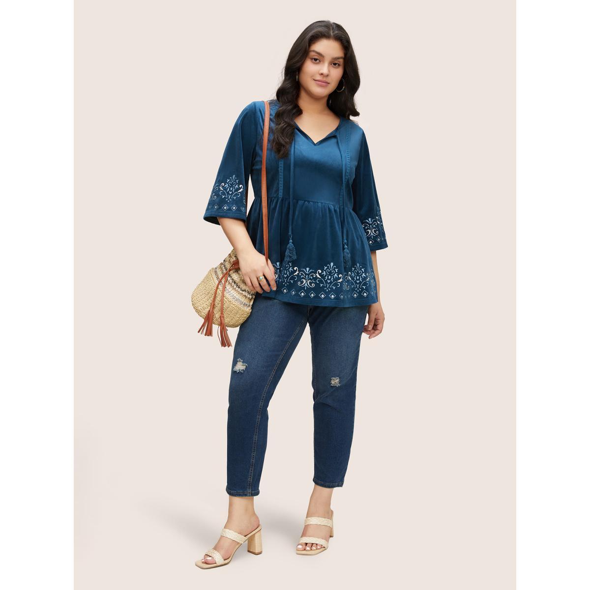 Plus Size Indigo Velvet Contrast Embroidered Tassels Ties Blouse Women Resort Elbow-length sleeve Tie Neck Vacation Blouses BloomChic 14-16/1X Product Image