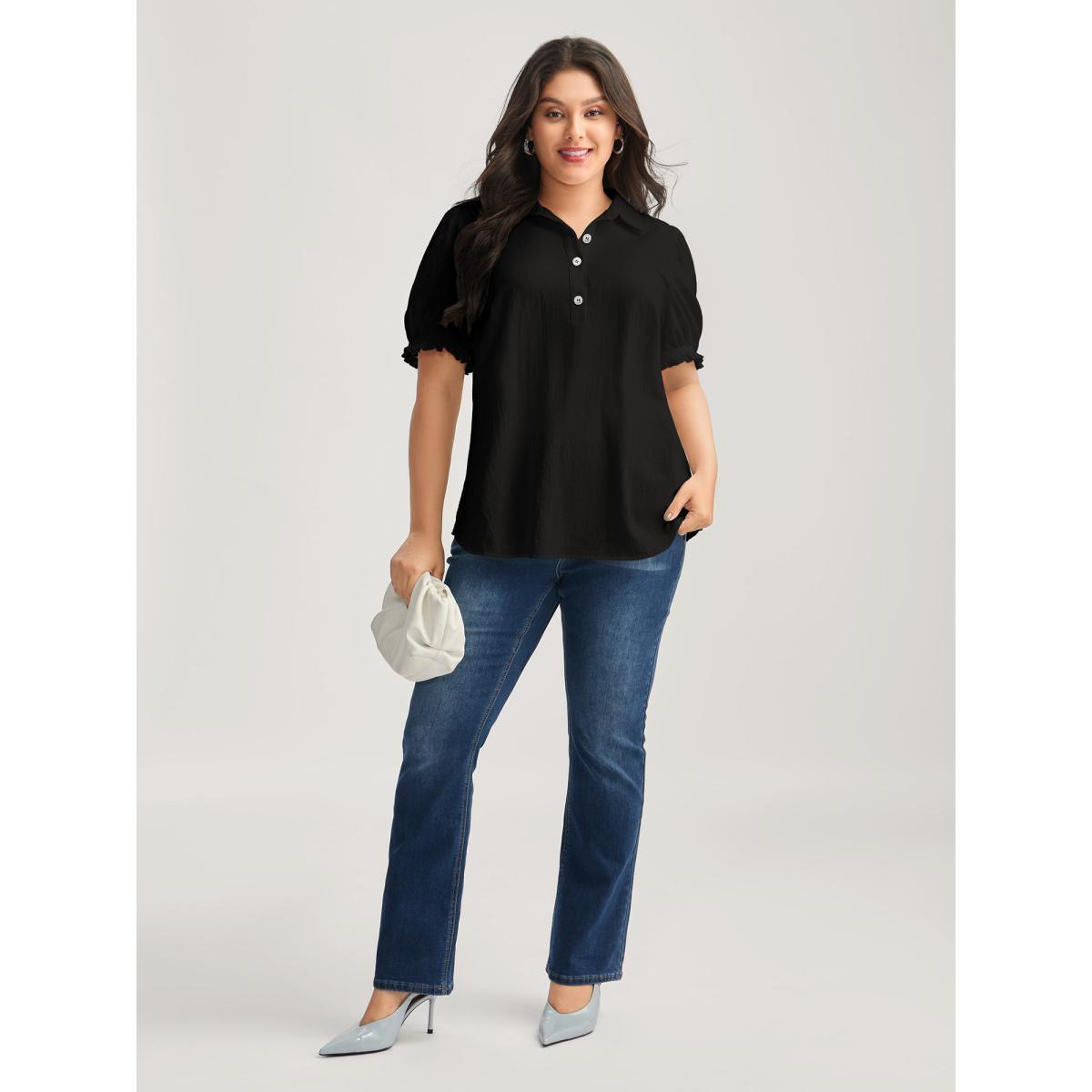 Plus Size Black Pure Cotton Ruffled Puffy Sleeve Blouse Women Short sleeve Shirt collar Work Blouses BloomChic 30/6X Product Image