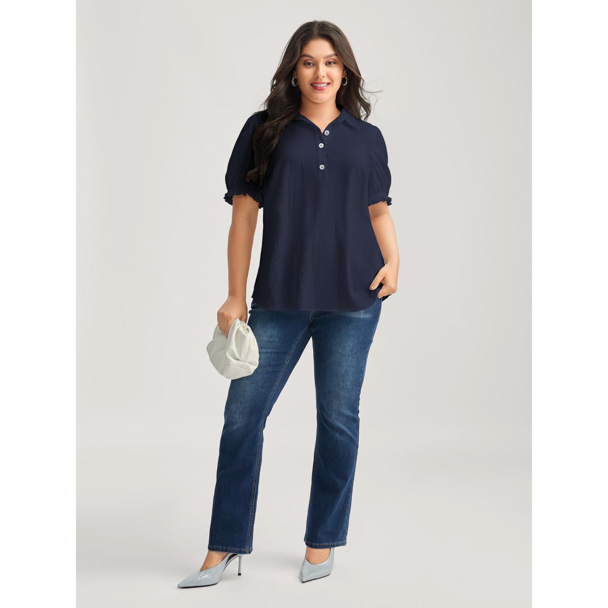 Plus Size Indigo Pure Cotton Ruffled Puffy Sleeve Blouse Women Short sleeve Shirt collar Work Blouses BloomChic 30/6X Product Image