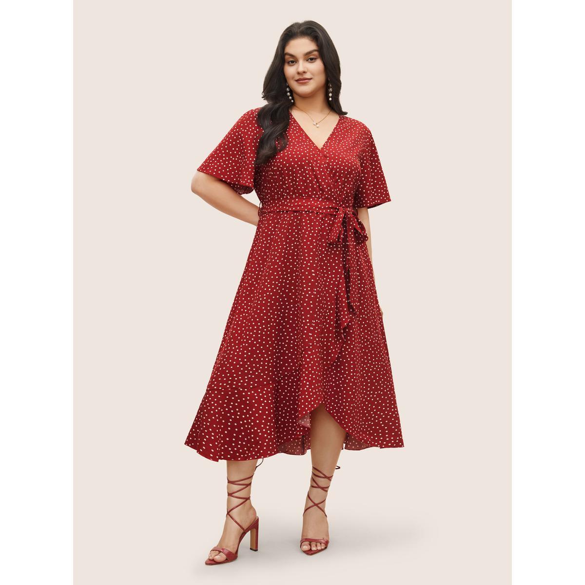 Plus Size Polka Dot Surplice Neck Belted Arc Hem Dress Crimson Women Elegant Non Overlap Collar Short sleeve Curvy Midi Dress BloomChic 26/4X Product Image