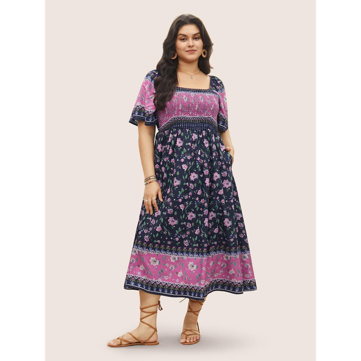 Plus Size Ditsy Floral Shirred Patchwork Ruffle Sleeve Dress Black Women Resort Shirred Square Neck Short sleeve Curvy Midi Dress BloomChic 22-24/3X Product Image
