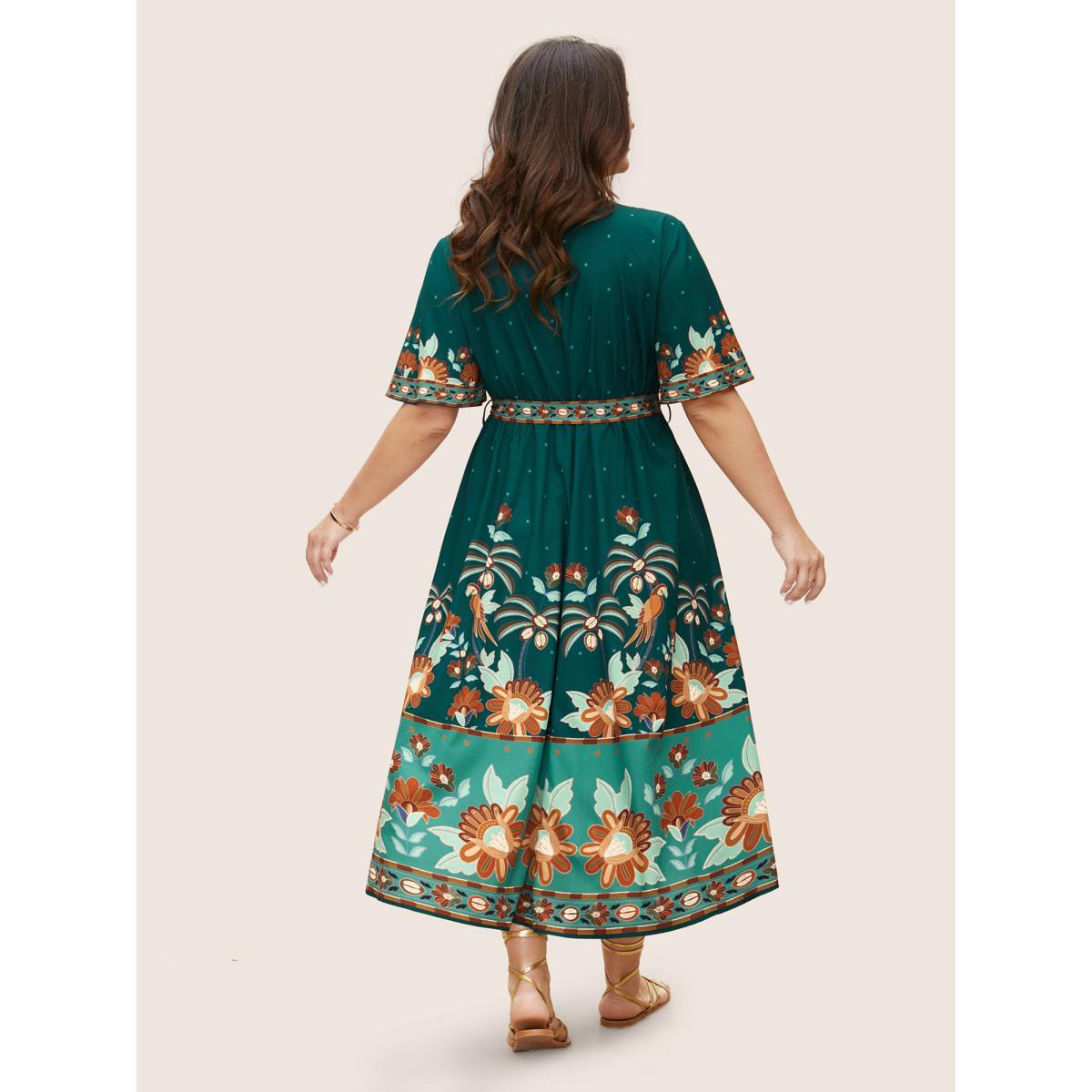 Plus Size Bandana Print Surplice Neck Flutter Sleeve Dress Emerald Women Resort Non V-neck Short sleeve Curvy Midi Dress BloomChic 12/L Product Image