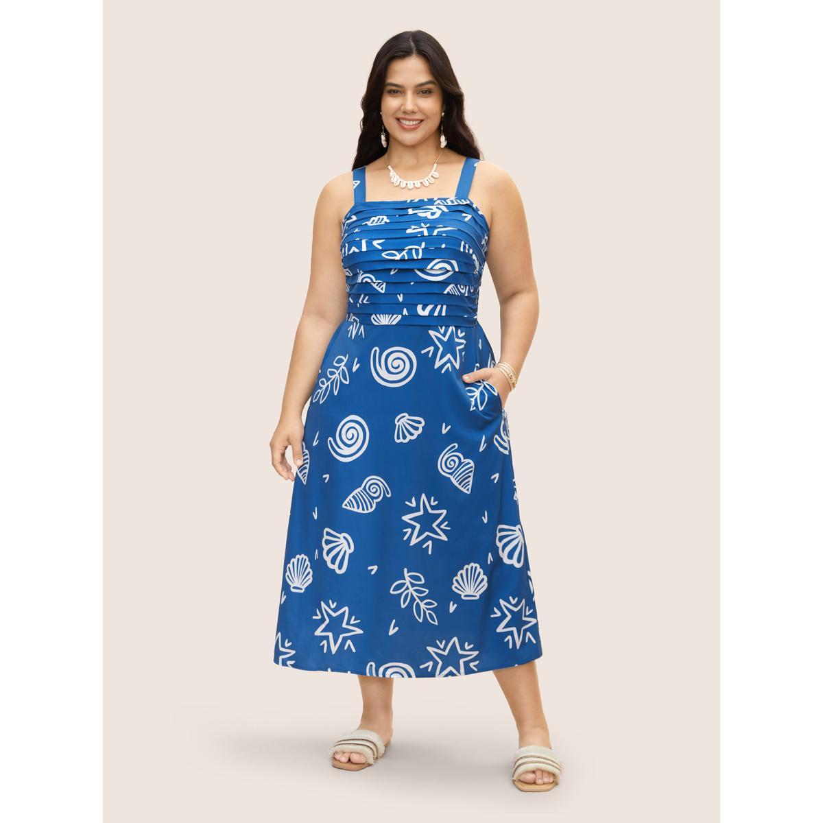 Plus Size Marine Elements Pleated Slit Hem Dress Mediumblue Women Resort Pleated Square Neck Sleeveless Curvy BloomChic 22-24/3X Product Image