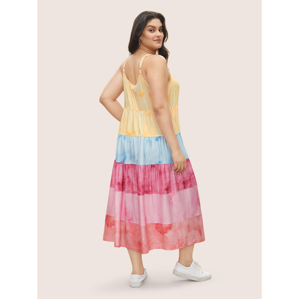 Plus Size Tie Dye Contrast Ruffle Layered Hem Dress Multicolor Women Casual Gathered Non Sleeveless Curvy Midi Dress BloomChic 18-20/2X Product Image