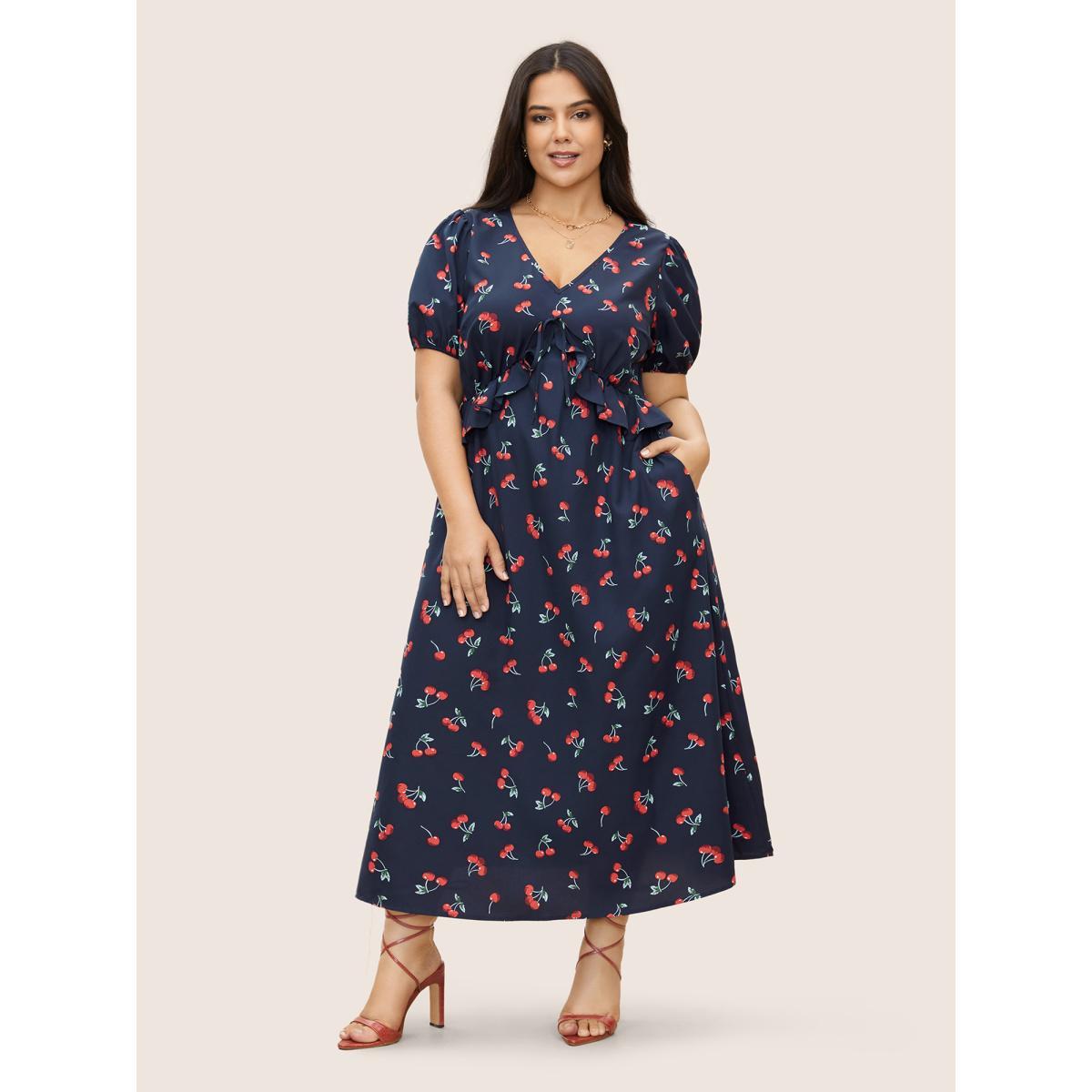 Plus Size Citrus Fruit Print Tie Knot Gathered Puff Sleeve Dress DarkBlue Women Elegant Tie knot V-neck Short sleeve Curvy Midi Dress BloomChic 12/L Product Image