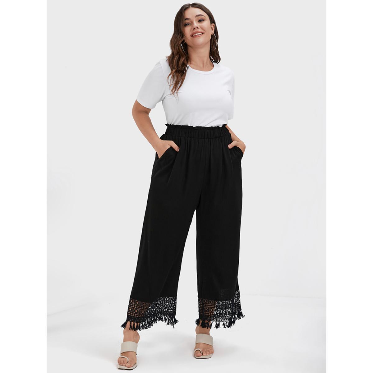Plus Size Solid Elastic Waist Contrast Lace Pocket Pants Women Black Elegant High Rise Dailywear Pants BloomChic 28/5X Product Image
