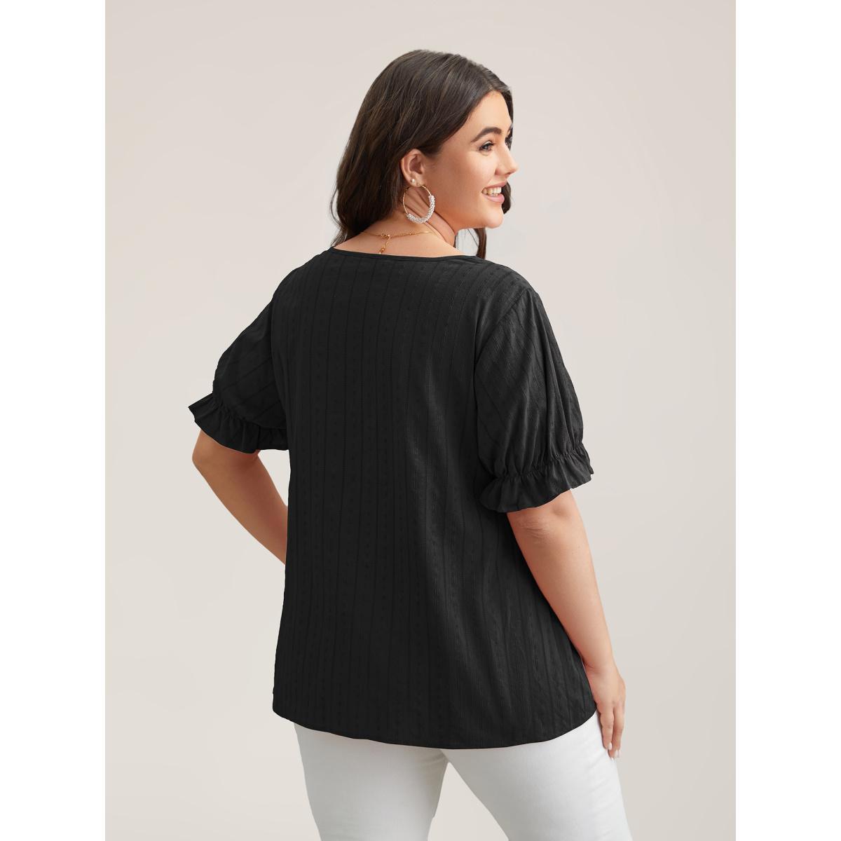 Plus Size Black Cotton Square Neck Ruffled Sleeve Shirt Women Elegant Short sleeve Square Neck Everyday Blouses BloomChic 12/L Product Image
