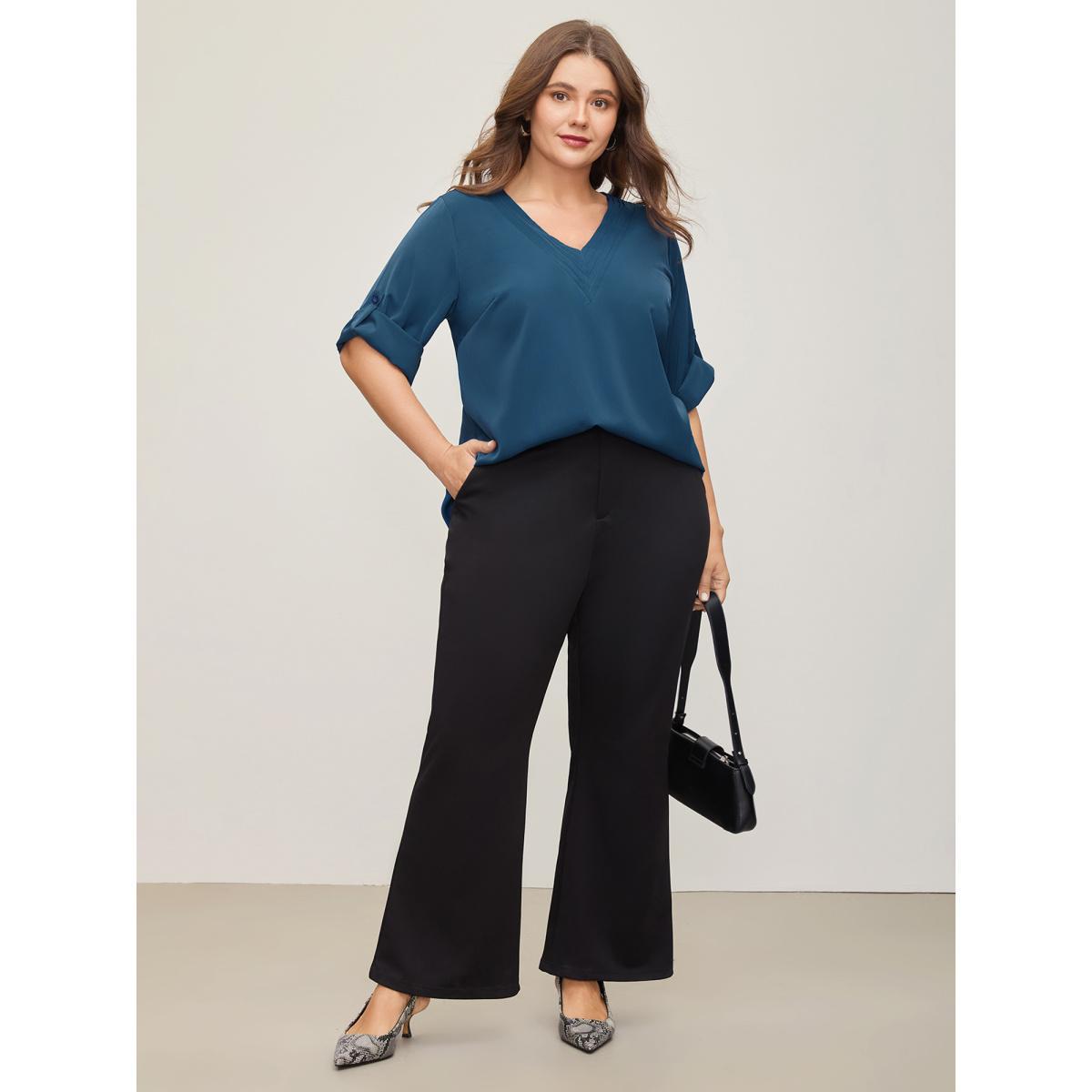 Plus Size Indigo V Neck Plain Pleated Tab Sleeve Blouse Women At the Office Elbow-length sleeve V-neck Work Blouses BloomChic 14-16/1X Product Image