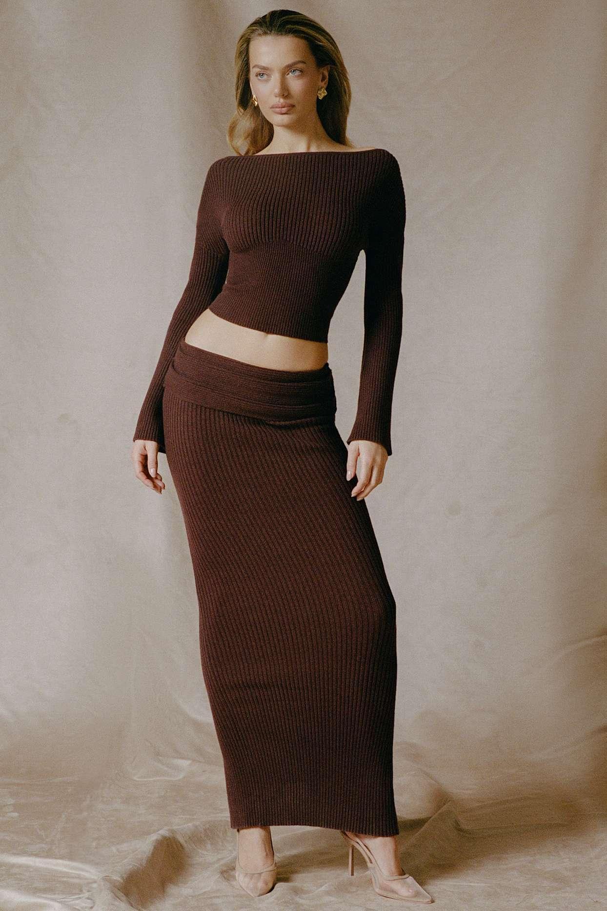 Ribbed-Knit Foldover Maxi Skirt in Espresso Product Image