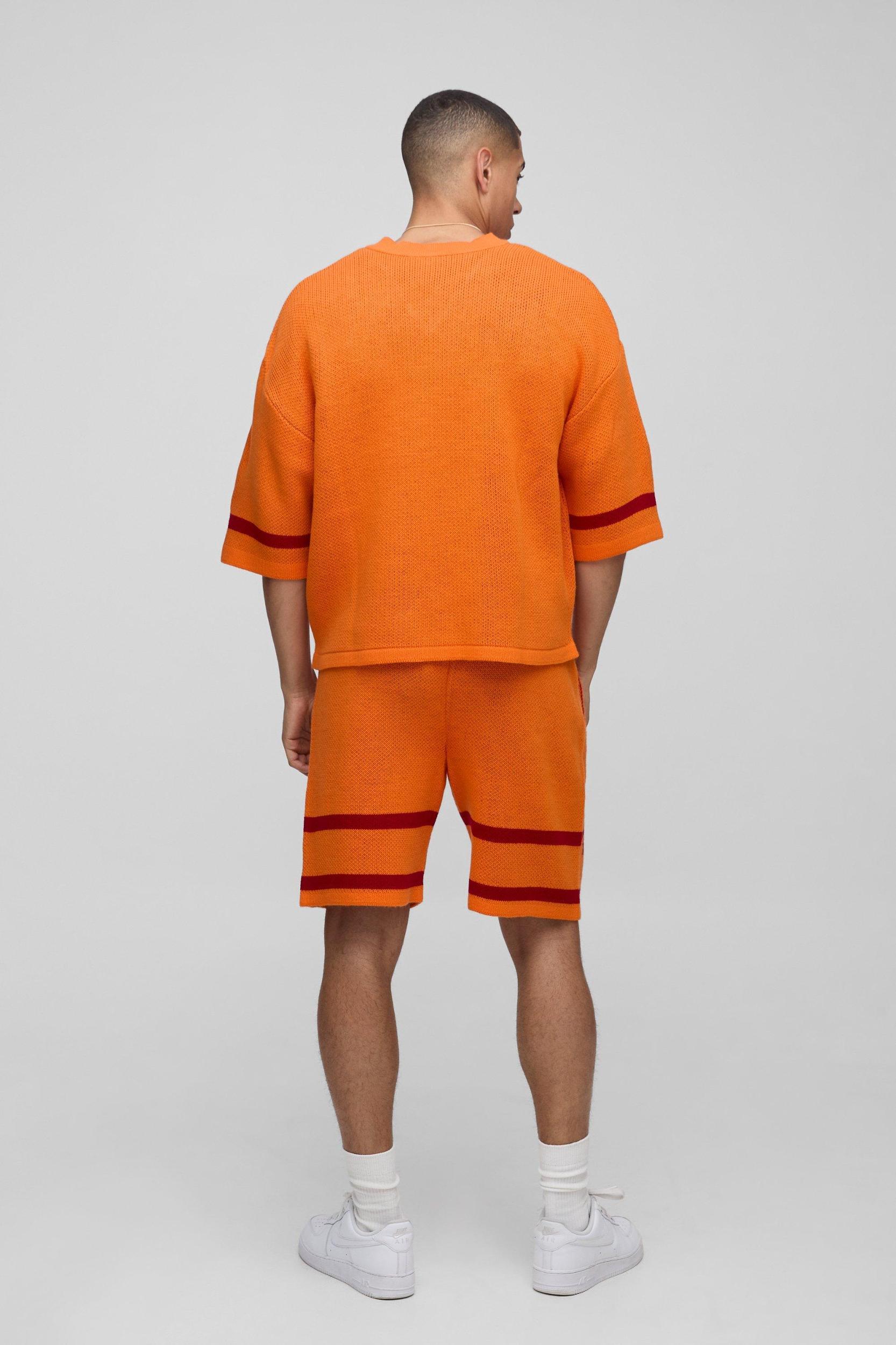 OFCL Oversized Boxy V Neck Baseball Knitted T-Shirt & Short Set | boohooMAN USA Product Image