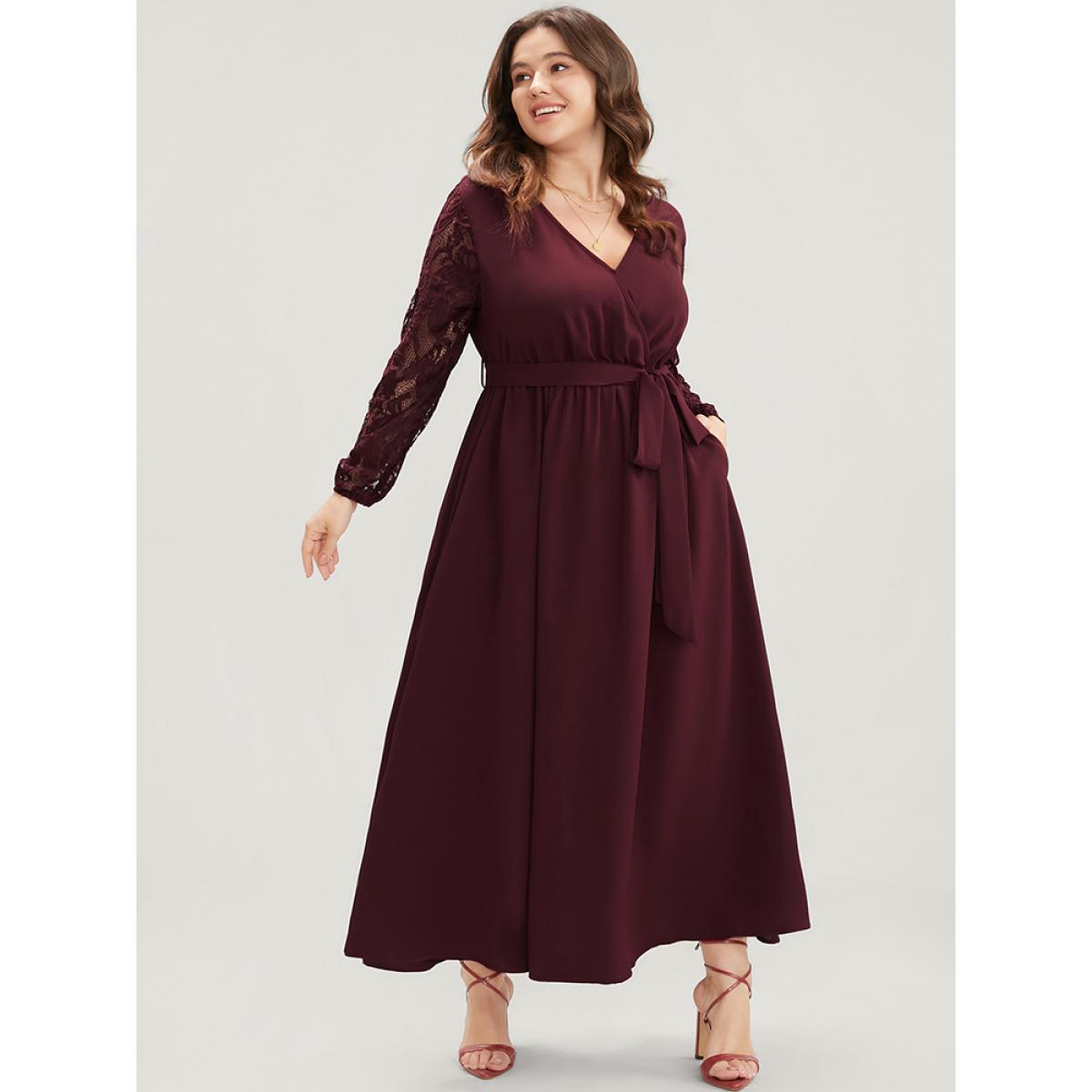 Plus Size Solid Wrap Pocket Lantern Sleeve Lace Belted Maxi Dress Burgundy Women Elegant V-neck Long Sleeve Curvy Long Dress BloomChic 10/M Product Image